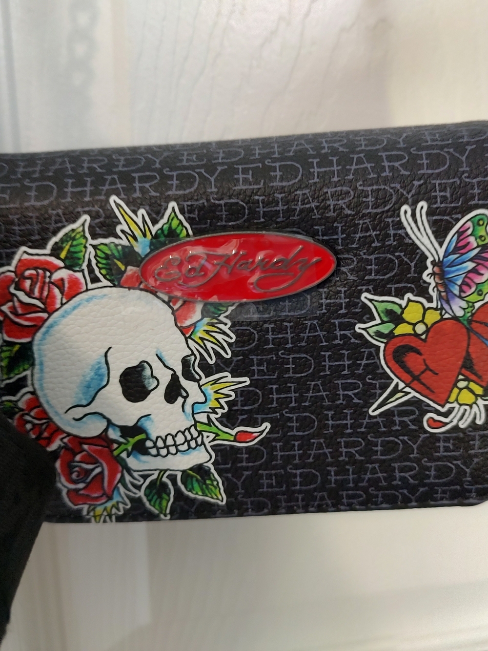 Ed Hardy Black Wallet with Skull, Roses & Red Logo